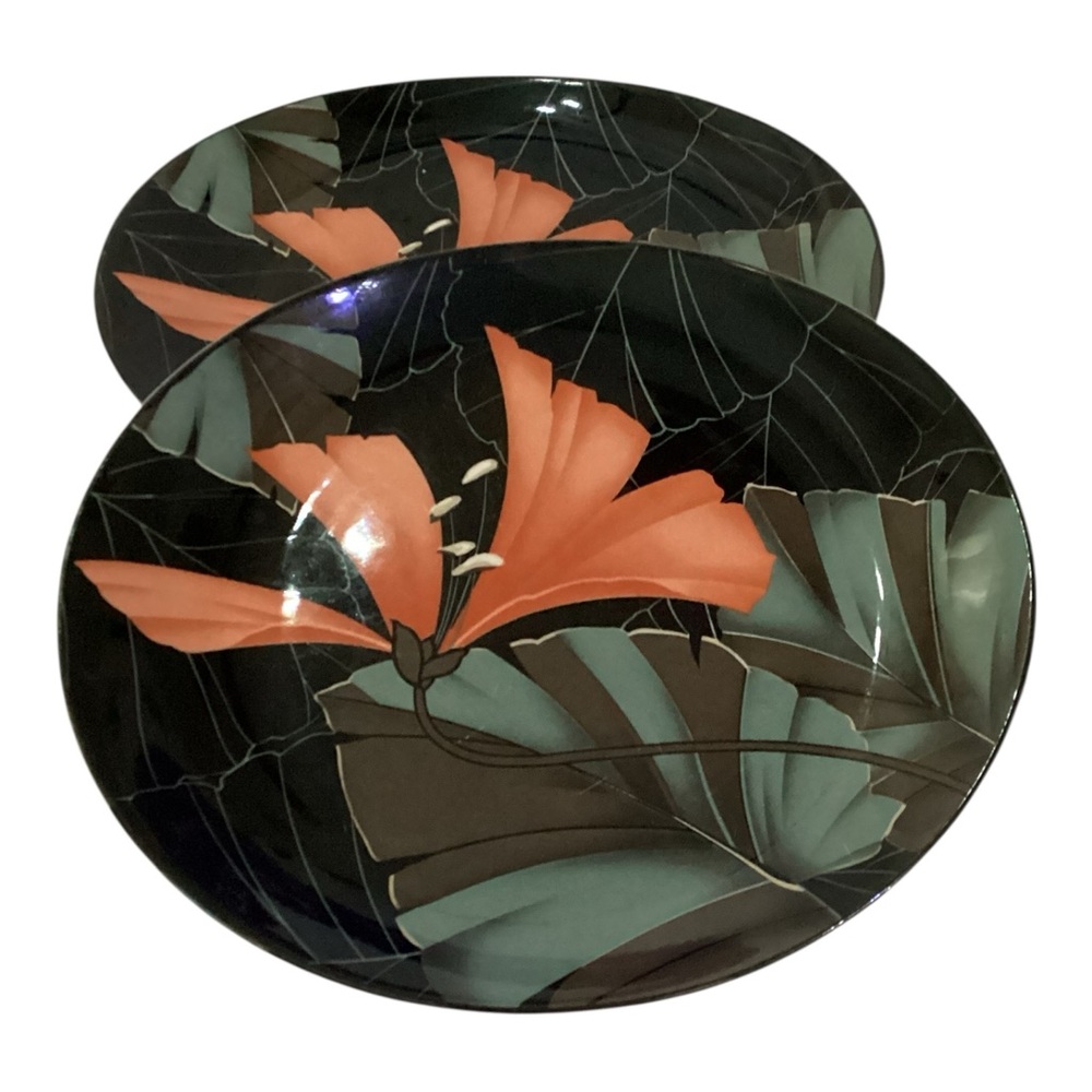 Sango Artistica Salad Plates Set of 2 Tropical Flower Black Peach Markham Korea
